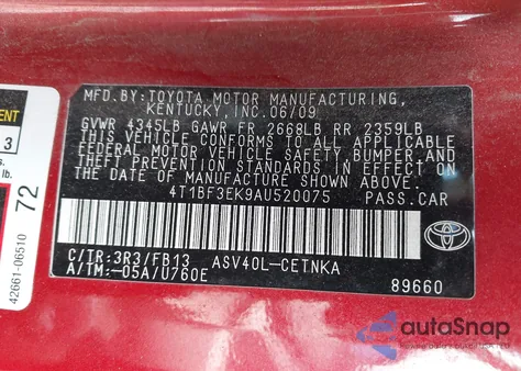 2010 Toyota Camry Le из США, поврежденный, VIN 4T1BF3EK9AU520075